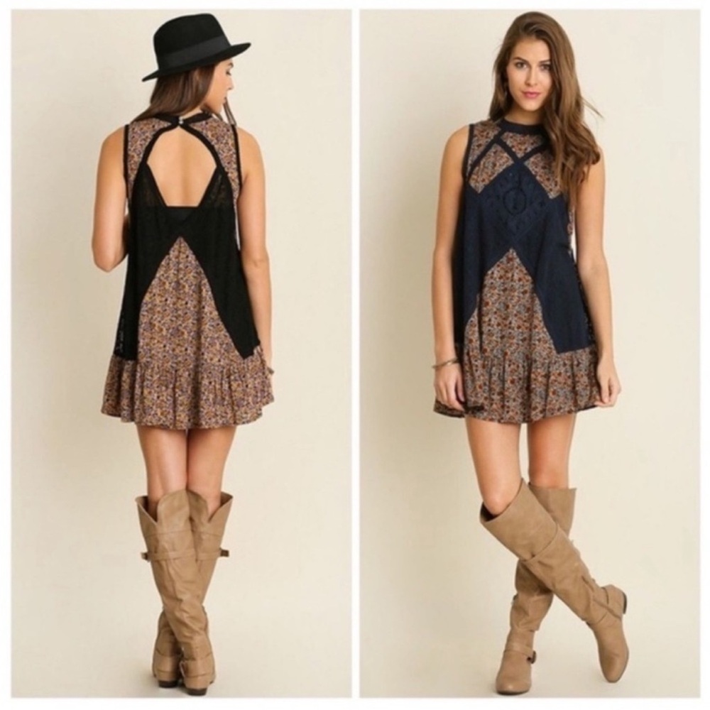 Umgee Navy and Brown Patterned Dress
